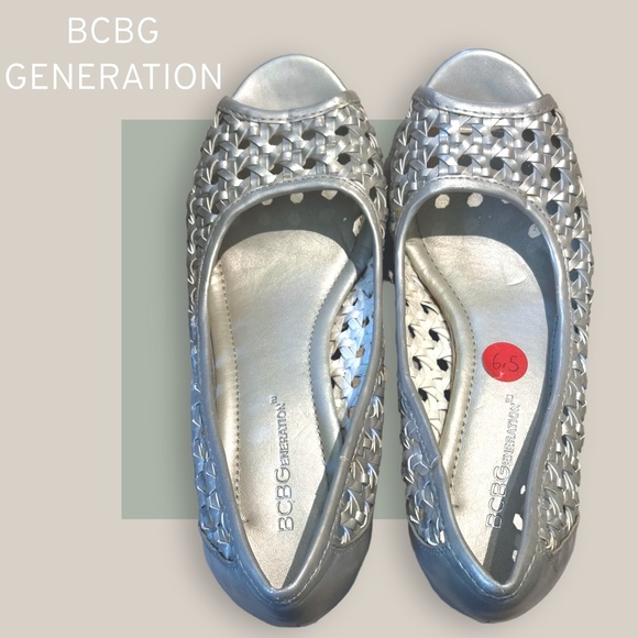 BCBGenervation Tylar Silver Woven Open Toe Wedge Heel - Size 6.5 - Picture 3 of 16